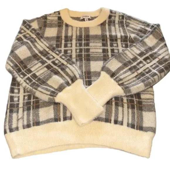 Evereve Woman’s L Plaid Knit Sweater Cream Gray Brown with Balloon Sleeves. - Picture 3 of 6